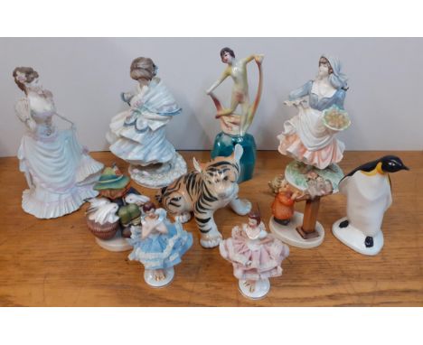 Two Coalport bone china figures, a Royal Doulton bone china figure, an Art Deco style figure, two Hummels A/F, a Poole model 