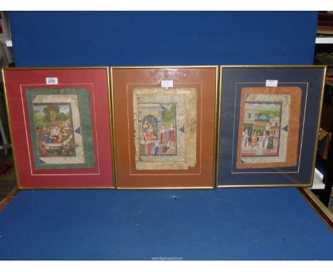 Three finely painted Mughai manuscript miniatures, 17th-early 18th century, framed by the Messis Picture Gallery, Bondi, New 