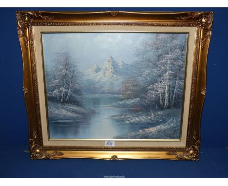 A framed Oil painting of a mountain view, signed R. Ward.