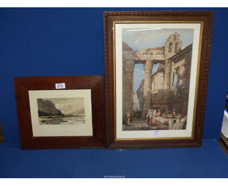 An oak framed hand coloured etching by David Law (1831-1902) of figures on a shoreline, 14 1/2" x 12 1/2", plus a Samuel Prou