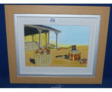A framed and mounted Watercolour depicting a basket of chopped wood and an axe with barn in the backdrop, signed T. Cross.