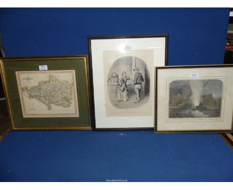 A framed Honore Daumer French print Hoeurs Canjugales, along with an etching "Election Saturday at Eton" and a framed map of 