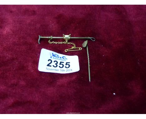 A 9ct gold hunting Bar Brooch and shield shaped Stick Pin.