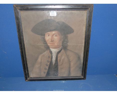 A Pastel Head and Shoulders portrait of Simon Augustin Bazerd, wearing a black tricorn hat, brown coat over black waistcoat a