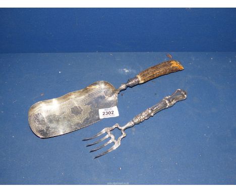 A Victorian Silver fish serving Fork, Birmingham 1862, makers possibly Hillard & Thomason, along with an antler handled Crumb