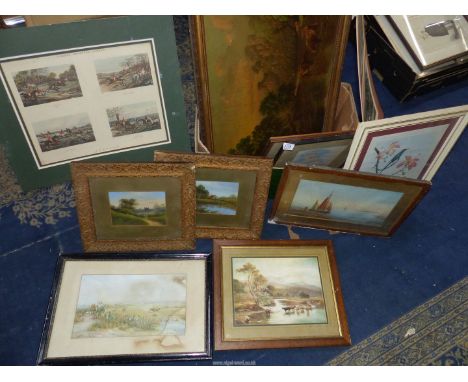 A quantity of prints to include: large prints of cattle drinking from rivers, hunting prints taken from the paintings by Wols