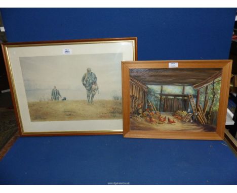 A Limited edition Print titled "The Shoot" signed Ros Goody, and an Oil on board of chickens on a barn signed Morgan.