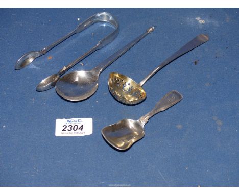 A small quantity of silver (all London makers) to include: Victorian tea caddy spoon 1845, sugar tongs 1894, a sugar sifter s