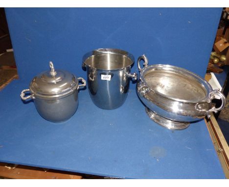 A large Elkington & Co tureen and two ice buckets, one having a ceramic liner.