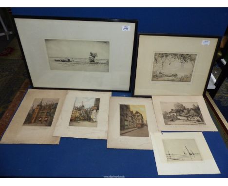 Six etchings to include: a framed signed etching with original Glasgow gallery label by W. Douglas Macleod 1922 of "Fisher Fo