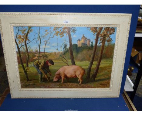 A white painted framed oil on canvas of a pig and handler truffle hunting with a French chateau in the distance  signed lower