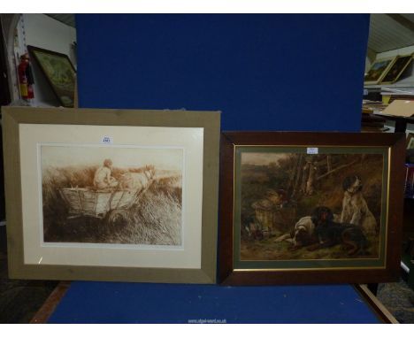 Two framed prints to include: "Days End" by Anna Ravenscroft 5/125, and a hunting print with dogs and the days takings by Rob