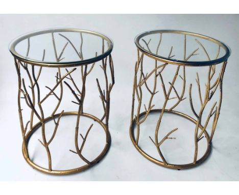 LAMP TABLES, a pair, circular drum form with gilt metal branch frame and glass top, 50cm diam x 60cm H. (2)