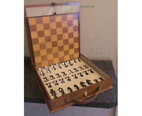 GENTLEMAN'S CHESS SET, leathered finish, 33cm x 36cm x 7cm.