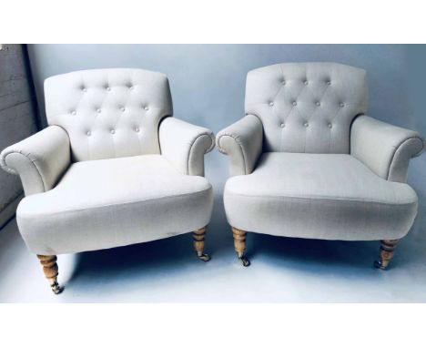 ARMCHAIRS, a pair, Victorian style linen upholstered each with button back, scroll arms, cushion and turned supports, 83cm W.
