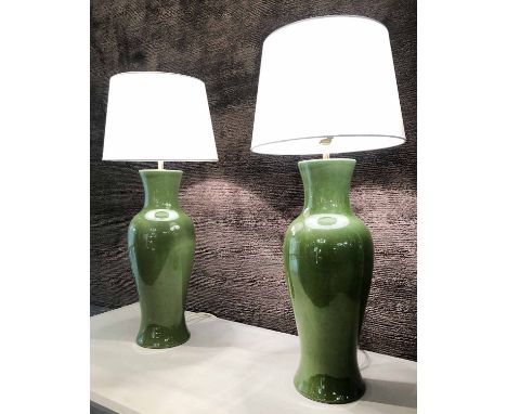 TABLE LAMPS, a pair, Vaughan style Chinese green glazed ceramic fishtail vases, with shades, 66cm H. (2)