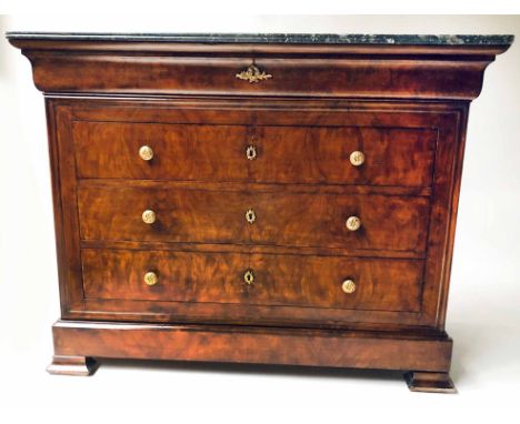 COMMODE, 19th century French Louis Philippe burr walnut and gilt metal mounted with four long drawers and St Annes grey folia