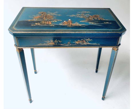 CARD TABLE, early 20th century blue lacquered and Chinoiserie gilt decorated with foldover baize lined top, 76cm H x 76cm x 4