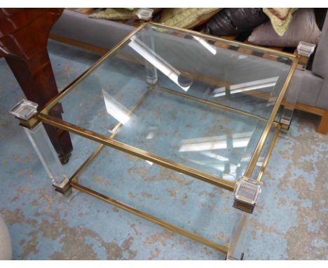 JOHNATHAN ADLER TABLE, square form, bevelled edge glass top with bottom shelf in brass and perspex column frame, 75cm Sq x 46