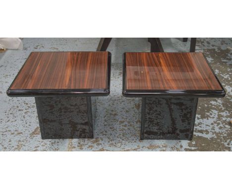 LAMP TABLES, a pair, black lacquer with square Macassar ebony tops, 46cm H x 60cm. (2)