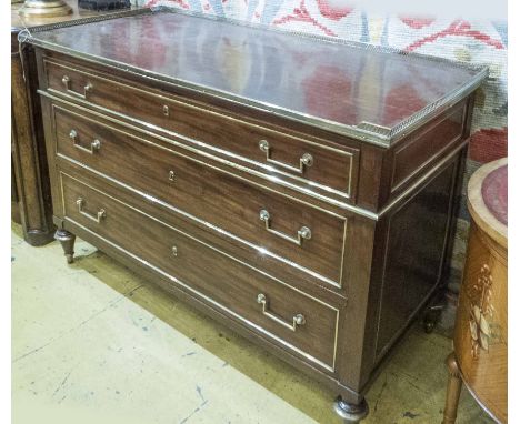 COMMODE, Louis XVI mahogany and brass mounted circa 1790, with pierced galleried top above three drawers, 91cm H x 131cm x 60