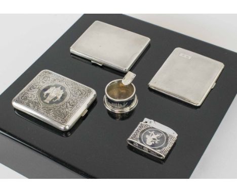 A GROUP OF FIVE VINTAGE SILVER ITEMS, comprising three cigarette cases, a light and an ashtray. (5)