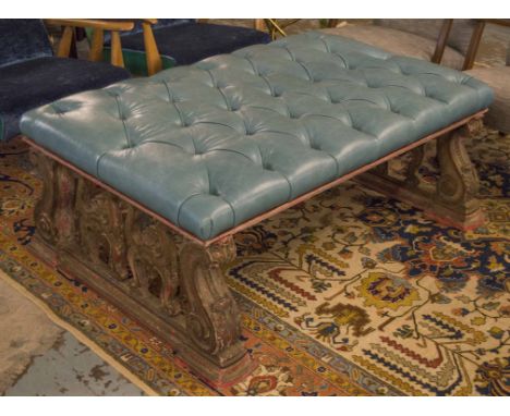 HEARTH STOOL, architectural design with buttoned turquoise leather upholstery on volute balustrade end supports, 49cm H x 130