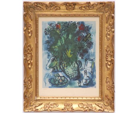 MARC CHAGALL 'Fleurs', pochoir in colours, numbered edition 500, Daniel Jacomet stamp, 42cm x 33cm, framed and glazed.