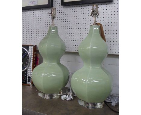 BEST AND LLOYD HEXAGONAL DOUBLE GOURD CELADON CERAMIC TABLE LAMPS, a pair, 63cm H, retail £3000. (2)