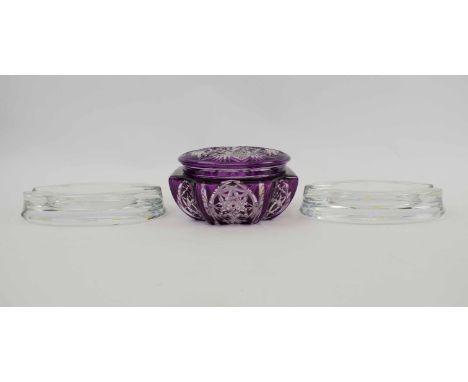 VINTAGE BACCARAT FRANCE, an amethyst coloured cut glass bowl and cover and two Baccarat oval ashtrays. (3)