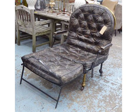VICTORIAN CAMPAIGN BED, late 19th century steel and brass with worn button back black leather cushions and folding frame, 92c