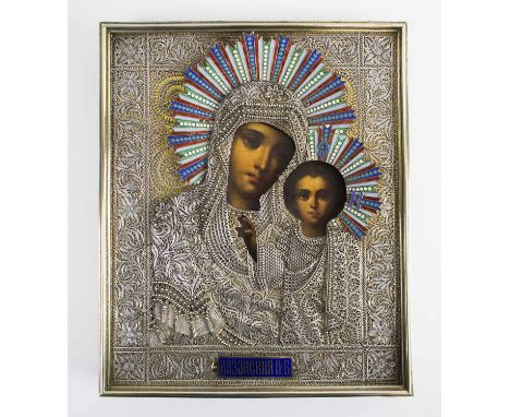 A VERY FINE RUSSIAN ICON, the icon depicting the Mother of God Oklad in a superb silver filigree and enamel, 84 Zolotniks mar