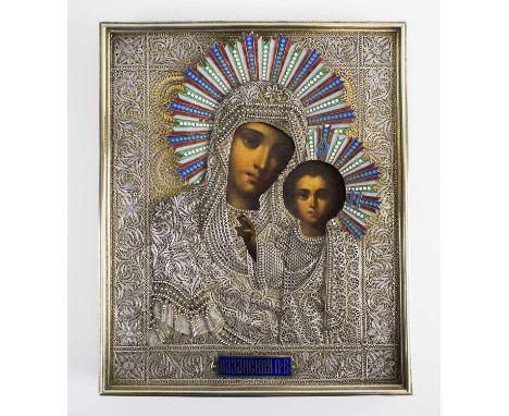 A VERY FINE RUSSIAN ICON, the icon depicting the Mother of God Oklad in a superb silver filigree and enamel, 84 Zolotniks mar