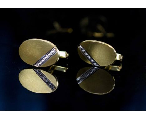 CUFFLINKS, a pair, Mappin &amp; Webb 18 carat yellow gold and diamond satin finished bar link, approx 12.2grams.