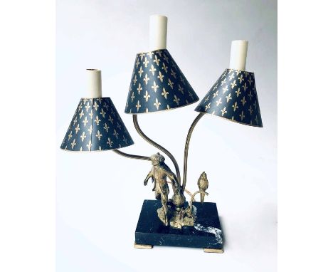 LAMP, three branch brass with figure and bird of paradise on a marble base, 50cm H.