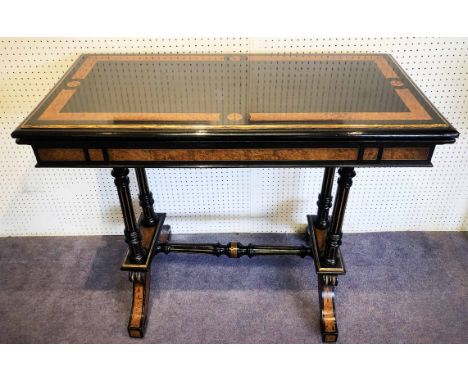 CARD TABLE, attributed to Gillows of Lancaster, Victorian aesthetic movement circa 1880, amboyna, ebonised and parcel gilt wi