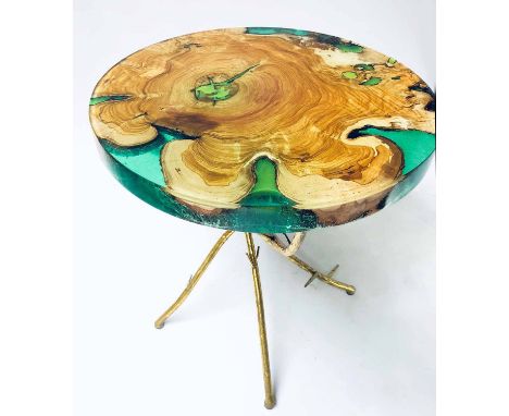 LAMP TABLE, bespoke acrylic encased tree section, on gilt metal branch supports, by J&amp;K Tables, 59cm H x 58cm diam.