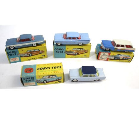 CORGI TOYS 4 boxed items, including 220 Chevrolet Impala (sky blue body), 235 Oldsmobile Super 88 (light blue body), 217 Fiat