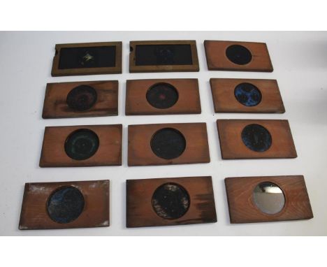 MAGIC LANTERN SLIDES &amp; EQUIPMENT including 2 wooden framed slides with glass sliding images, also with 10 other wooden fr