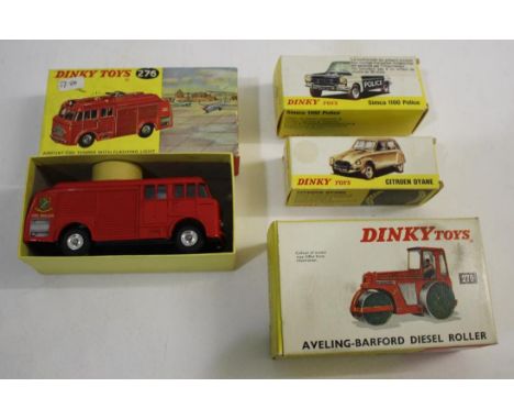 DINKY TOYS 4 boxed models including 276 Airport Fire Tender (Fire Brigade), 279 Aveling Barford Diesel Roller, French Dinky 1