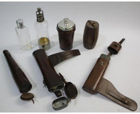 HUNTING LEATHER FLASKS  a mixed lot including leather cased flasks, and leather cases for flasks, including a leather flask w