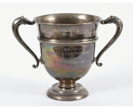 LARGE SILVER TENNIS TROPHY CUP a large two handled silver trophy cup, for the Halcyon T C Mens Singles Tennis Championship, P