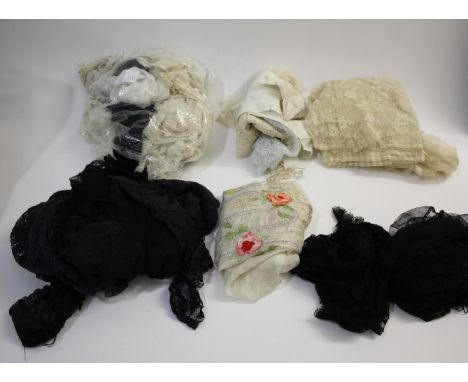 SILK SHAWL &amp; TEXTILES a fine silk shawl embellished with ribbon design flowers, a black lace shawl, and a qty of net and 