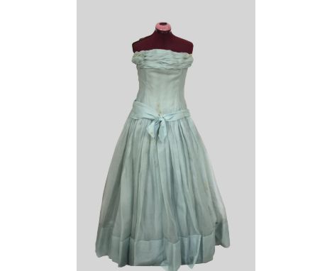 CHRISTIAN DIOR FULL LENGTH GOWN a spring 1955 Christian Dior full length blue silk gown with stiffened net petticoat.