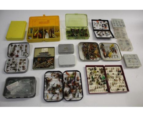 CASED FISHING FLIES, ACCESSORIES &amp; FISHING BAGS a mixed lot including some vintage fishing flies in tins and plastic case