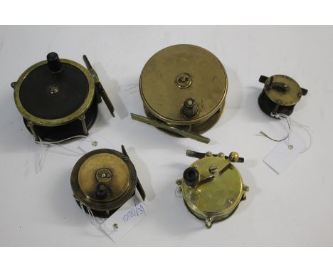 ARMY &amp; NAVY BRASS REELS including a 4' brass reel with wooden winder, and a 2 3/4' reel with ebonised winder, both stampe