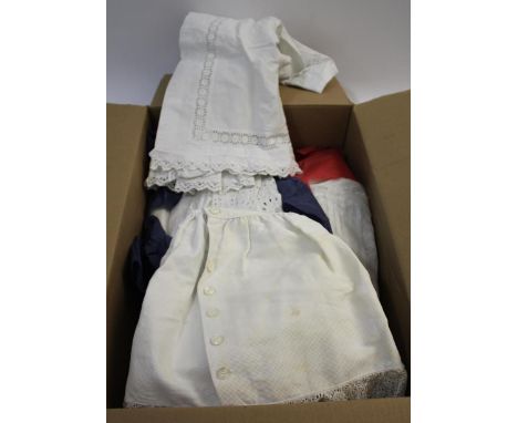 19THC CHRISTENING GOWN, VINTAGE CLOTHING &amp; LACE SHAWL a white cotton Christening robe, two white cotton coats with cutwor