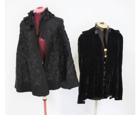 D H EVANS &amp; CO EMBROIDERED SILK COAT &amp; VINTAGE CLOTHING also with a black silk velvet evening jacket, a felt cape, an