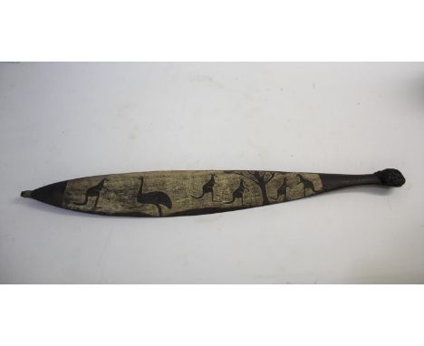 ABORIGINAL THROWING STICK a large hardwood throwing stick with resin covered handle, with depictions of kangaroo and an emu i