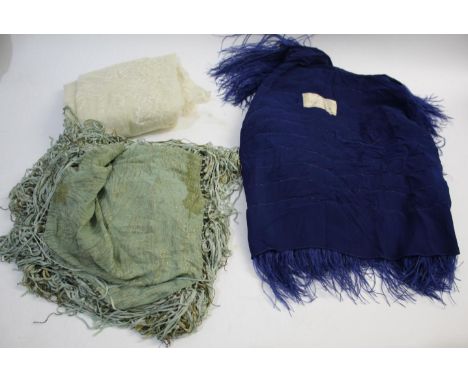 VINTAGE SHAWLS, OSTRICH FEATHER CAPE &amp; OTHER ITEMS a mixed lot including an early 20thc blue Ostrich feather cape with Mo